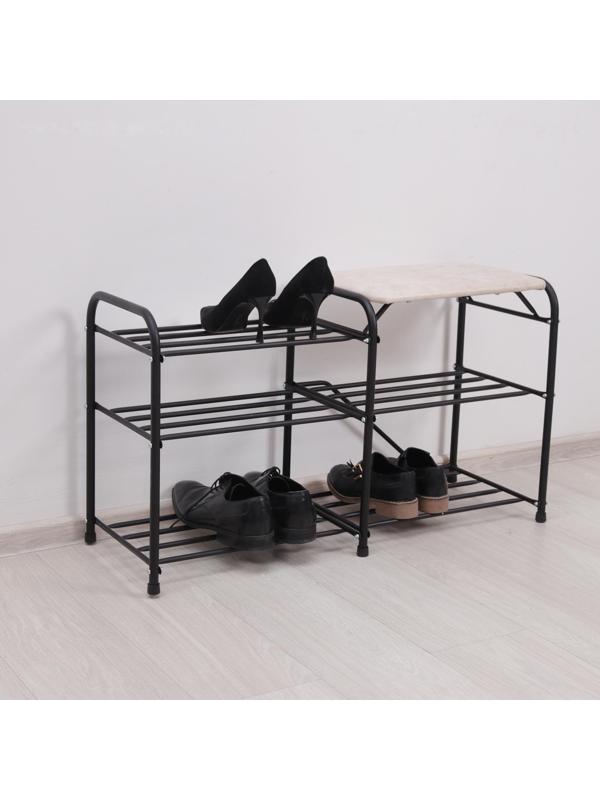 Подставка для обуви с сиденьем «Дубль», 3 полки, замша, цвет чёрный