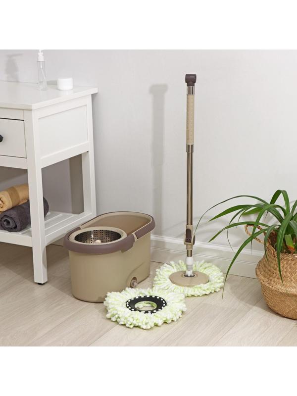 Швабра с отжимом и ведро с металлической центрифугой Доляна, 19,2 л, дополнительная насадка, цвет бежевый