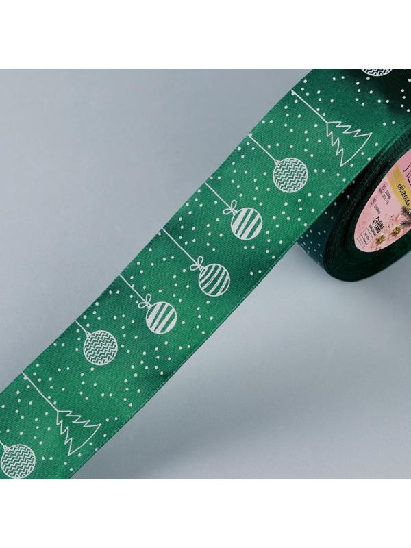 Лента атласная «Ёлочные игрушки», 40 мм, 23 ± 1 м, цвет тёмно-зелёный №49