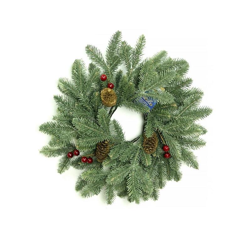 Венок новогодний - 12 зеленый с шишками и ягодами, d-40 см. ВН-12