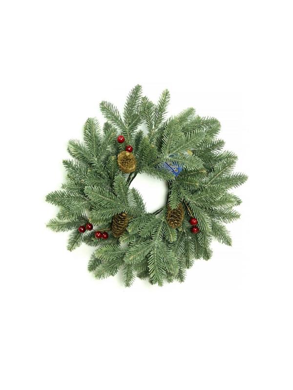 Венок новогодний - 12 зеленый с шишками и ягодами, d-40 см. ВН-12