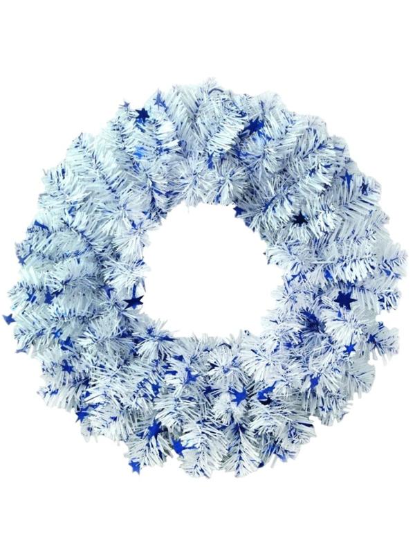 Венок новогодний -  3  белый с синими звездами, 35 см ВН-3