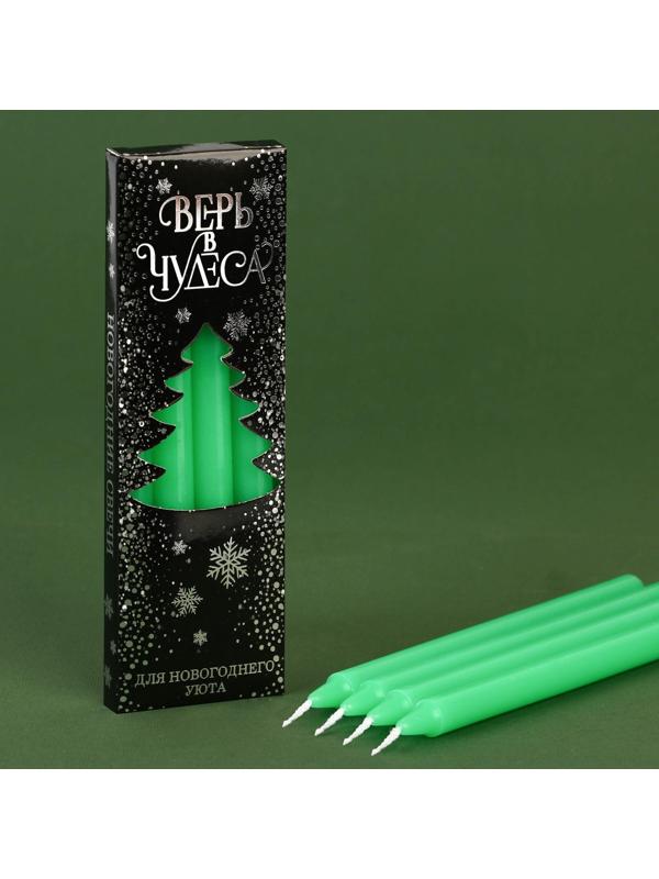 Новогодние восковые свечи «Верь в чудеса», набор 4 шт., зеленые, 15 х 1 х 1 см.