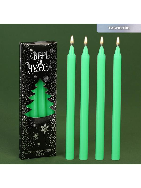 Новогодние восковые свечи «Верь в чудеса», набор 4 шт., зеленые, 15 х 1 х 1 см.