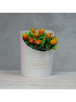 Переноска для цветов, ваза Овал с тиснением flowers, белый 12,5 х 13,5 х 18 см