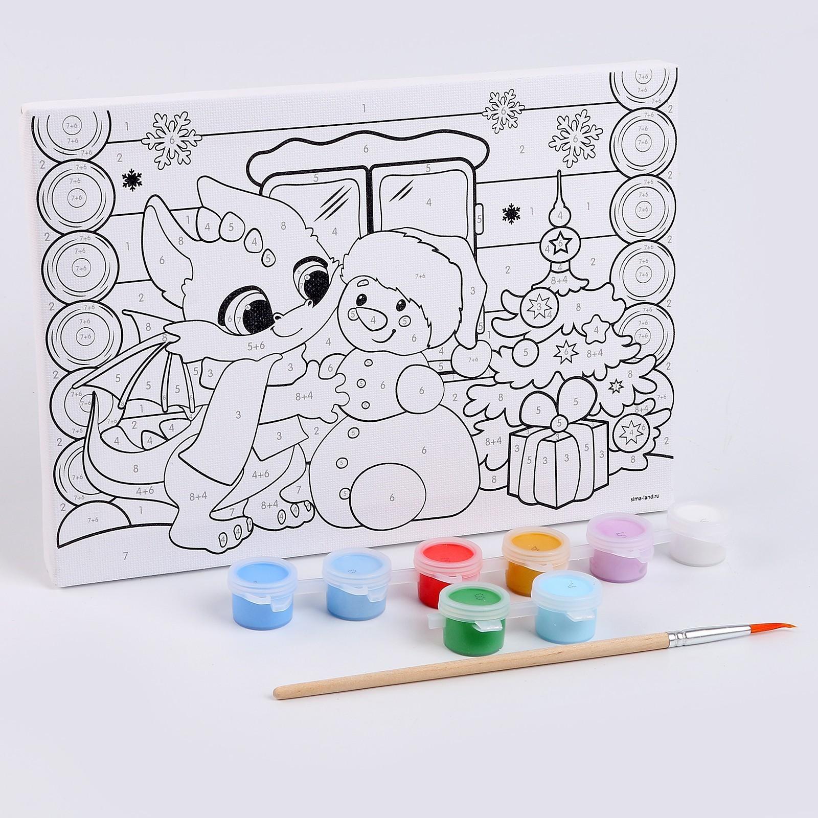 Роспись по холсту «Дракоша и снеговик», 21 х 15 см