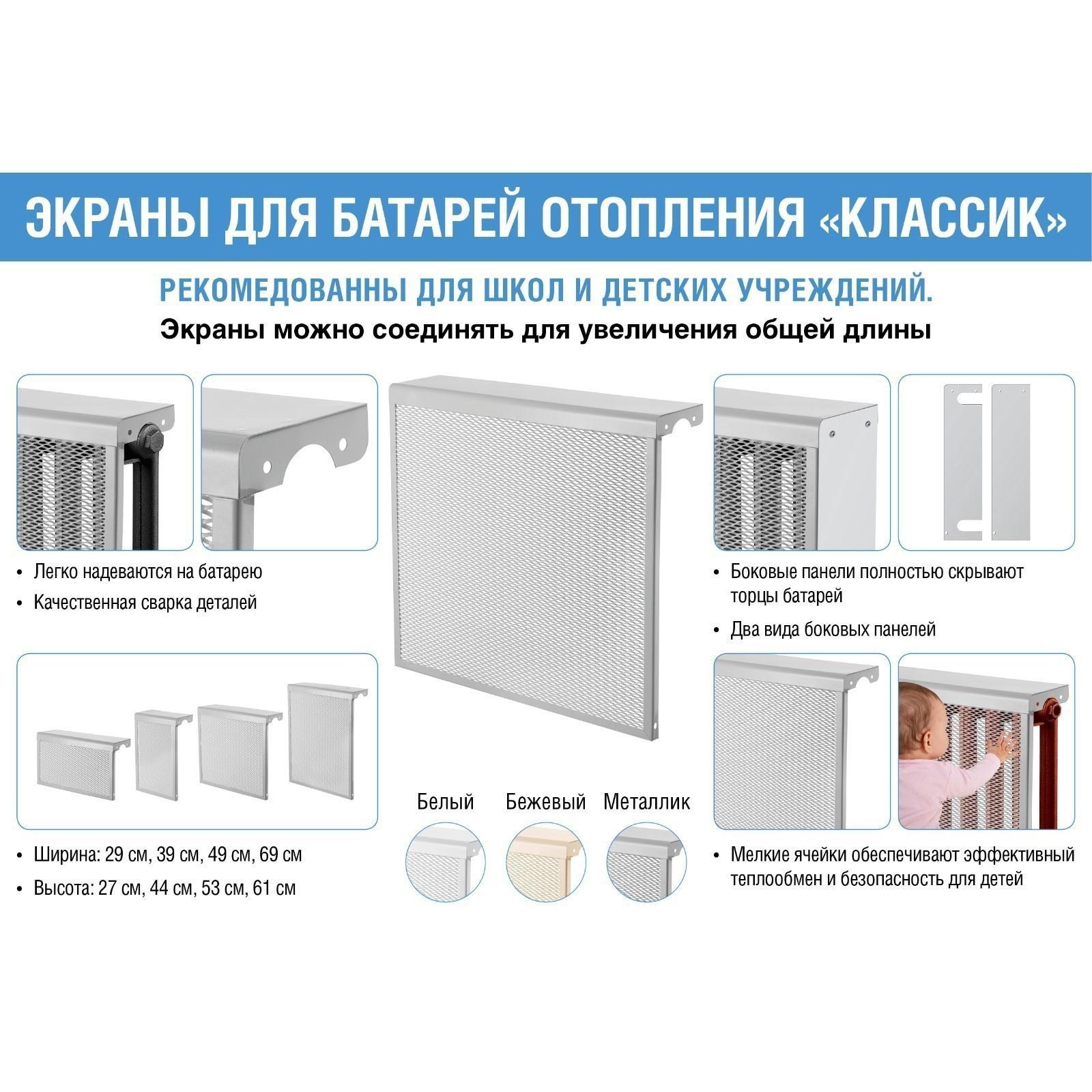 Экран на чугунный радиатор ZEIN, 590х610х150 мм, 6 секций, металлический, цвет металлик