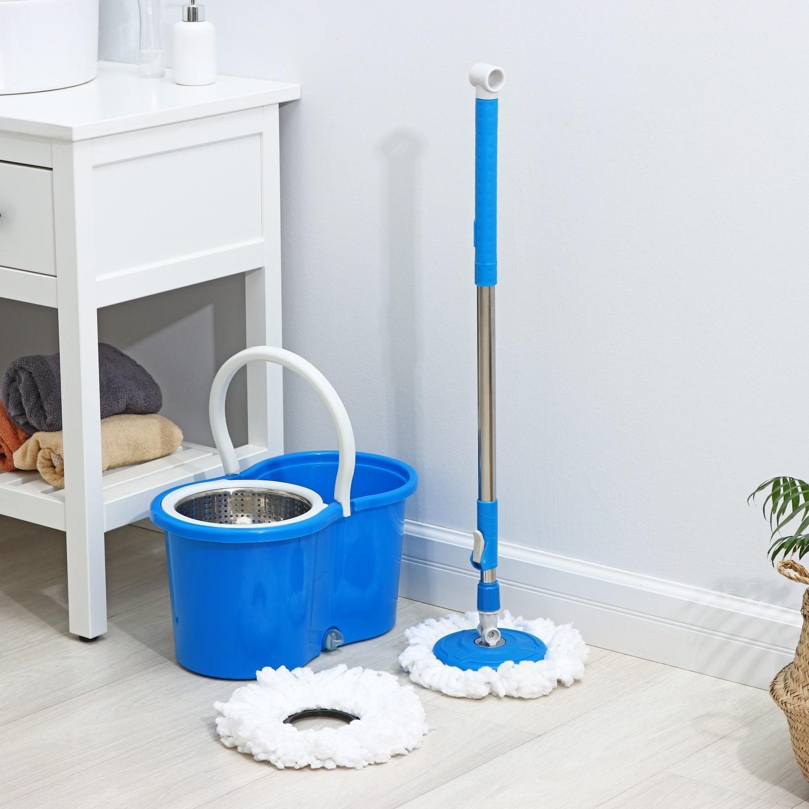 Швабра с отжимом и ведро с металлической центрифугой Доляна, 14 л, запасная насадка из микрофибры, колёсики, цвет МИКС
