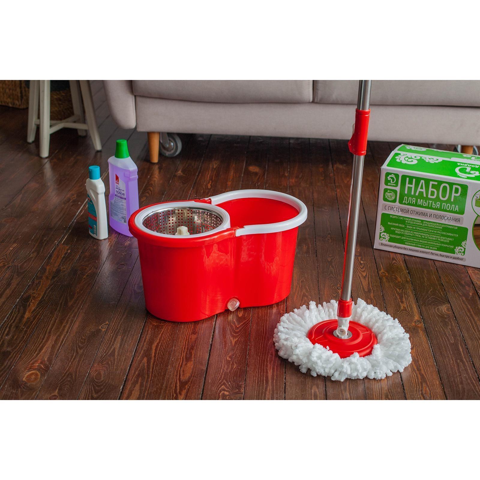 Швабра с отжимом и ведро с металлической центрифугой Доляна, 14 л, запасная насадка из микрофибры, колёсики, цвет МИКС