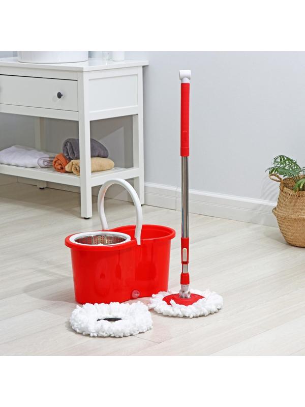 Швабра с отжимом и ведро с металлической центрифугой Доляна, 14 л, запасная насадка из микрофибры, колёсики, цвет МИКС