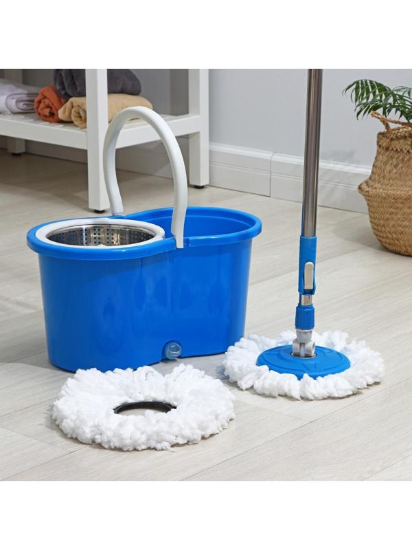 Швабра с отжимом и ведро с металлической центрифугой Доляна, 14 л, запасная насадка из микрофибры, колёсики, цвет МИКС