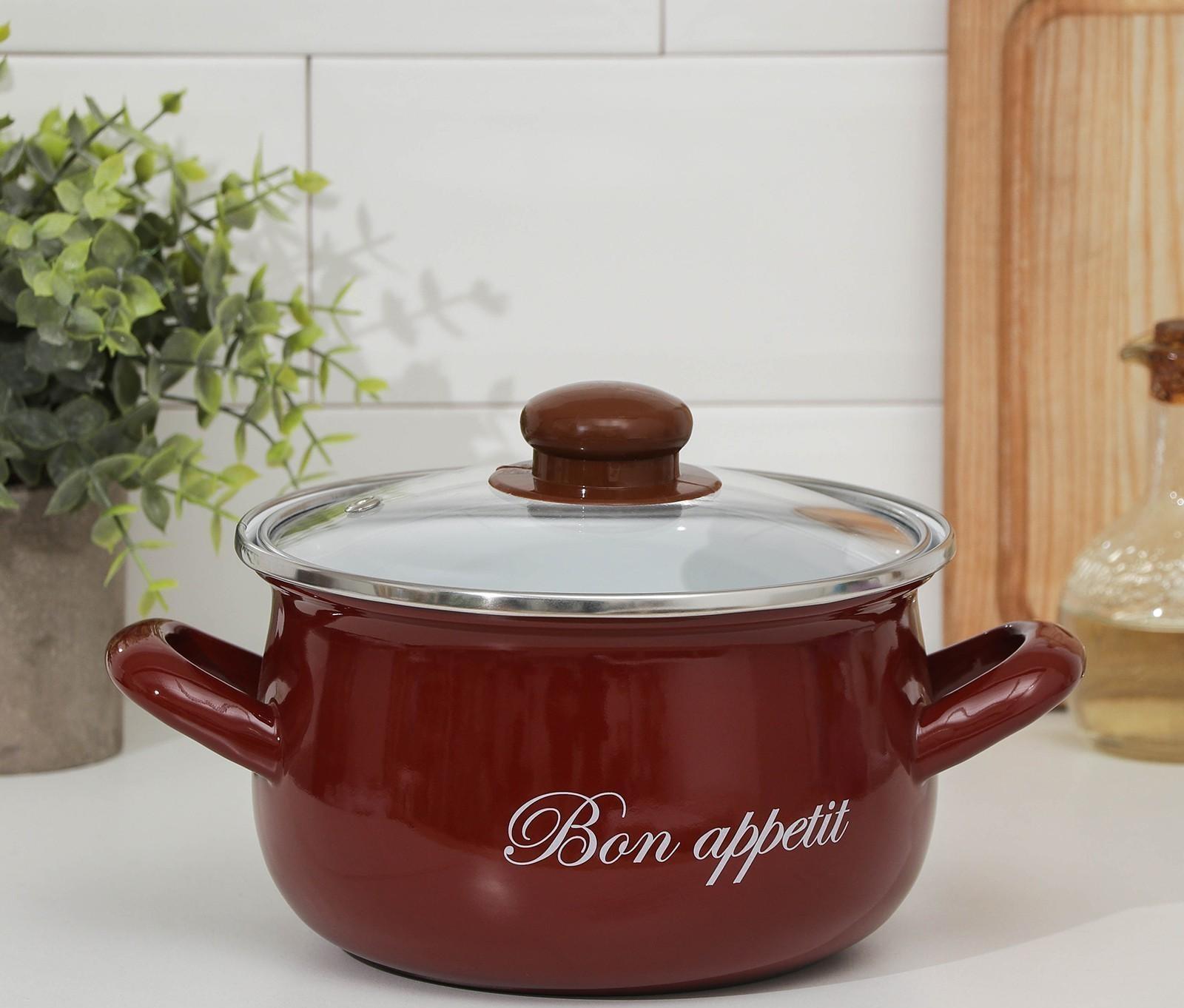 Кастрюля «Бордо», 2,1 л, стеклянная крышка, индукция, цвет бордовый