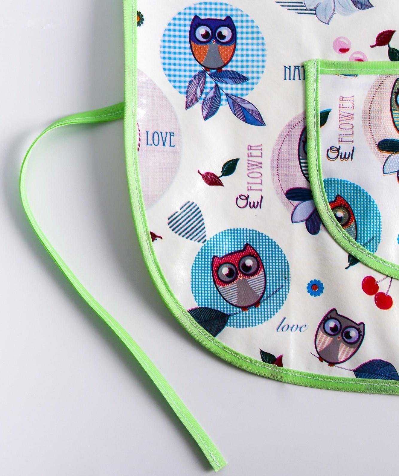 Фартук-нагрудник с карманом, из ткани с ПВХ покрытием, рисунок «Совы», цвет микс, 0071