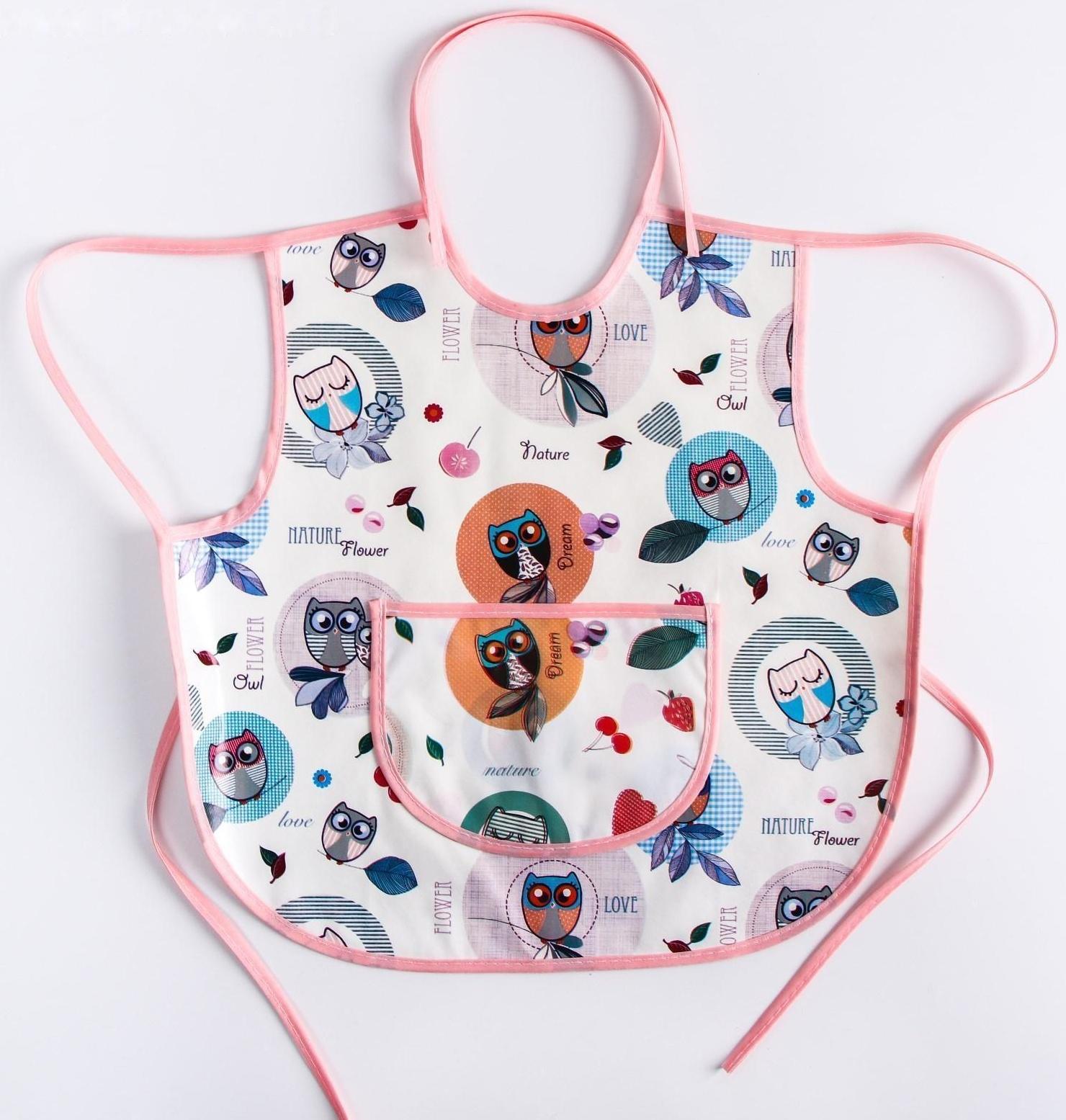 Фартук-нагрудник с карманом, из ткани с ПВХ покрытием, рисунок «Совы», цвет микс, 0071