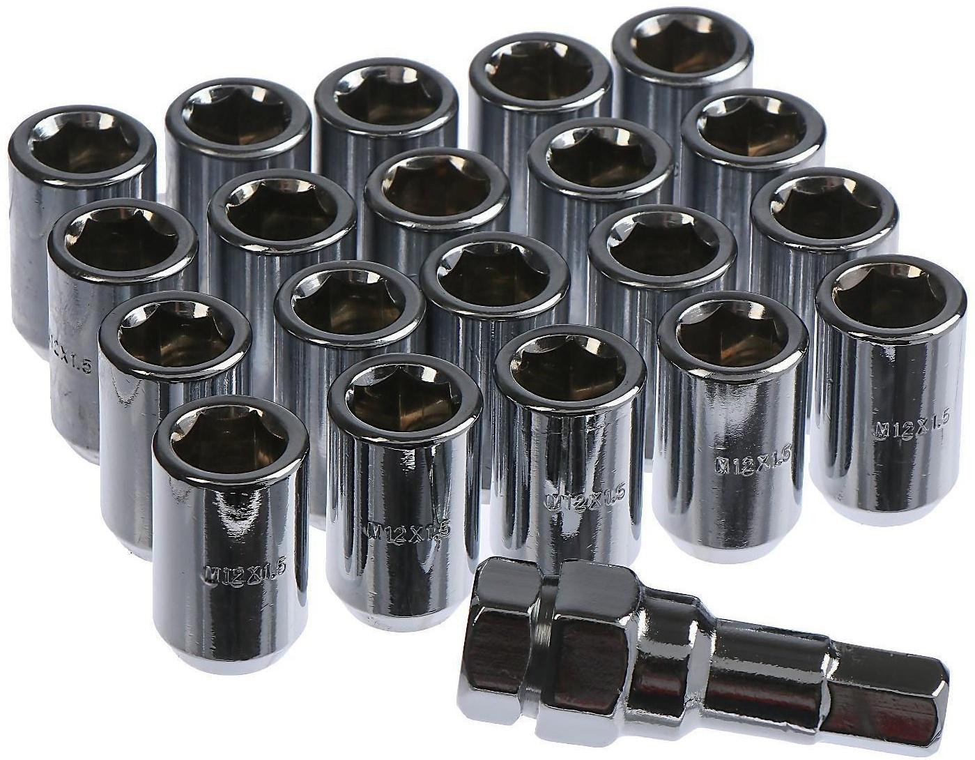 Гайки колёсные JN-302, 12x1.5, 33 мм, конус, набор 20 шт + ключ, хром