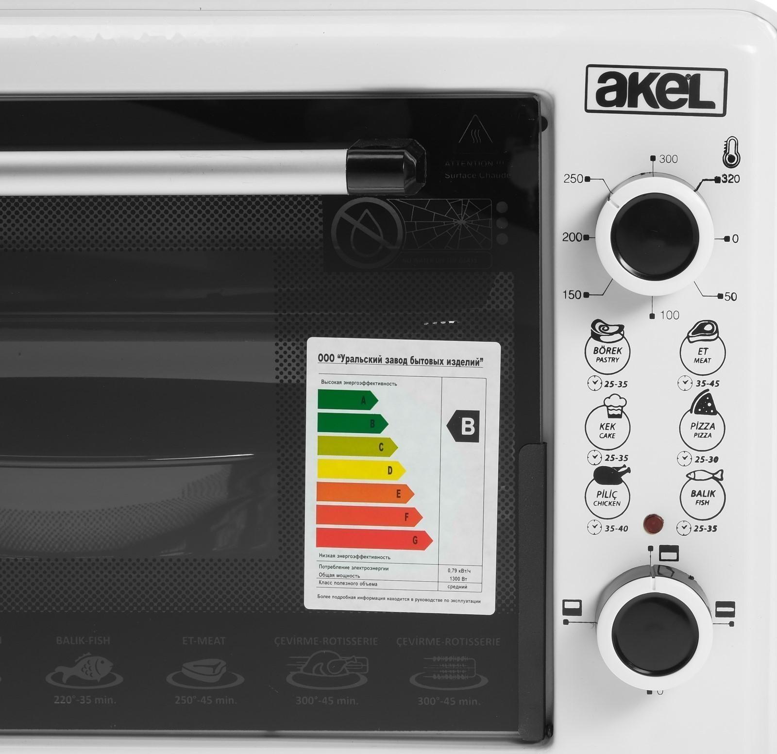 Мини-печь Akel AF-720, 1300 Вт, 36 л, таймер, регулировка температуры, белая