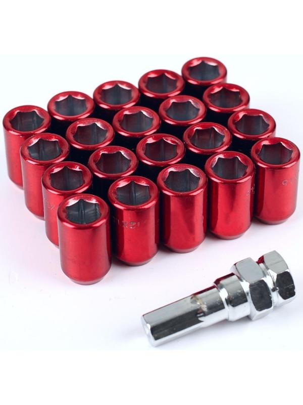 Гайка колёсная JN-302, 12 х 1,5 мм, 32 мм, конус, набор 20 шт. + ключ, красные