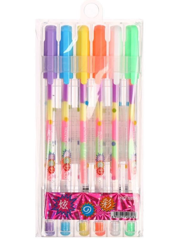 Набор гелевых ручек 6 штук, разноцветные стержни, в пластиковой упаковке