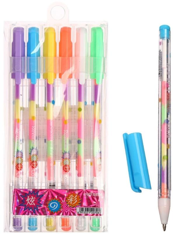 Набор гелевых ручек 6 штук, разноцветные стержни, в пластиковой упаковке