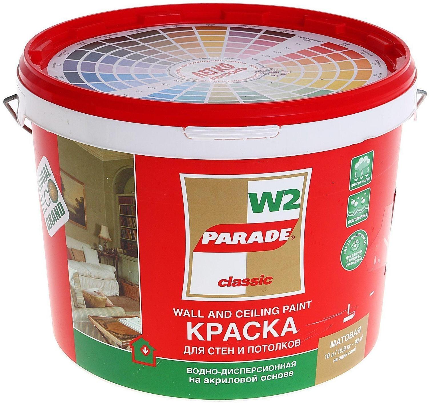 Краска акриловая для стен и потолков PARADE W2 влагопрочная белая матовая10л