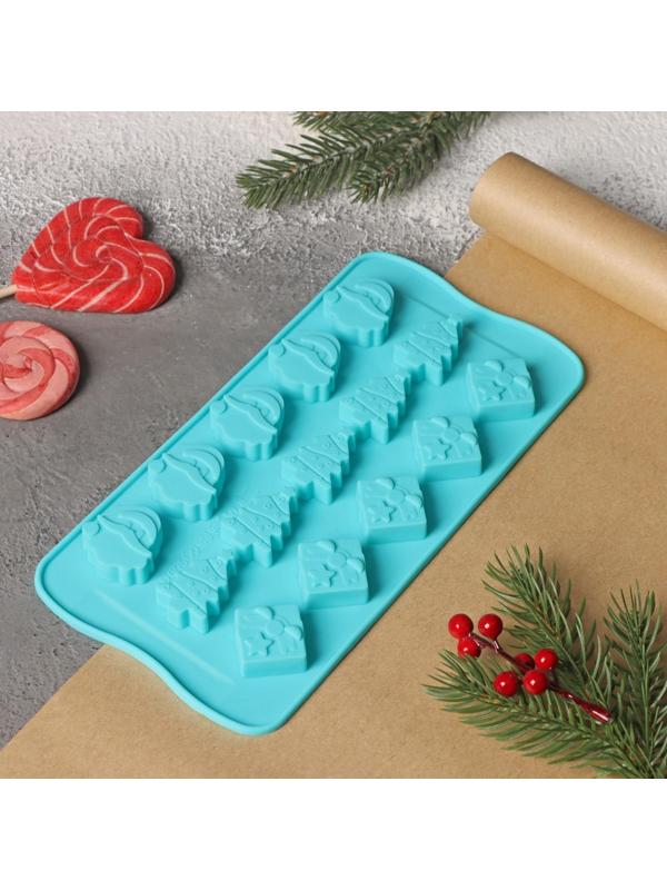 Форма силиконовая для льда и кондитерских украшений Доляна «Новый год», 21×10,5 см, 15 ячеек, цвет бирюзовый