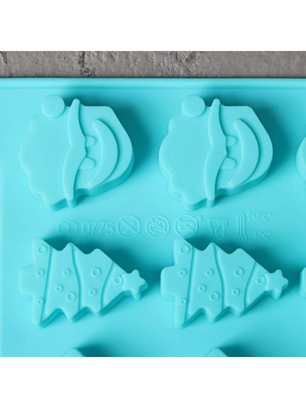 Форма силиконовая для льда и кондитерских украшений Доляна «Новый год», 21×10,5 см, 15 ячеек, цвет бирюзовый