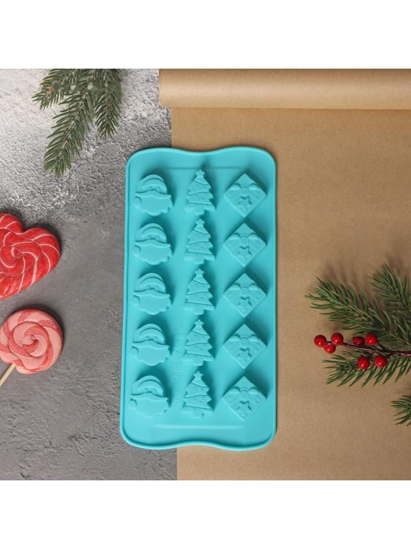 Форма силиконовая для льда и кондитерских украшений Доляна «Новый год», 21×10,5 см, 15 ячеек, цвет бирюзовый