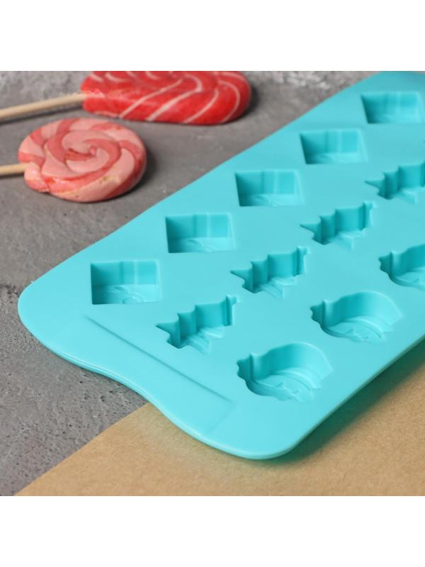 Форма силиконовая для льда и кондитерских украшений Доляна «Новый год», 21×10,5 см, 15 ячеек, цвет бирюзовый