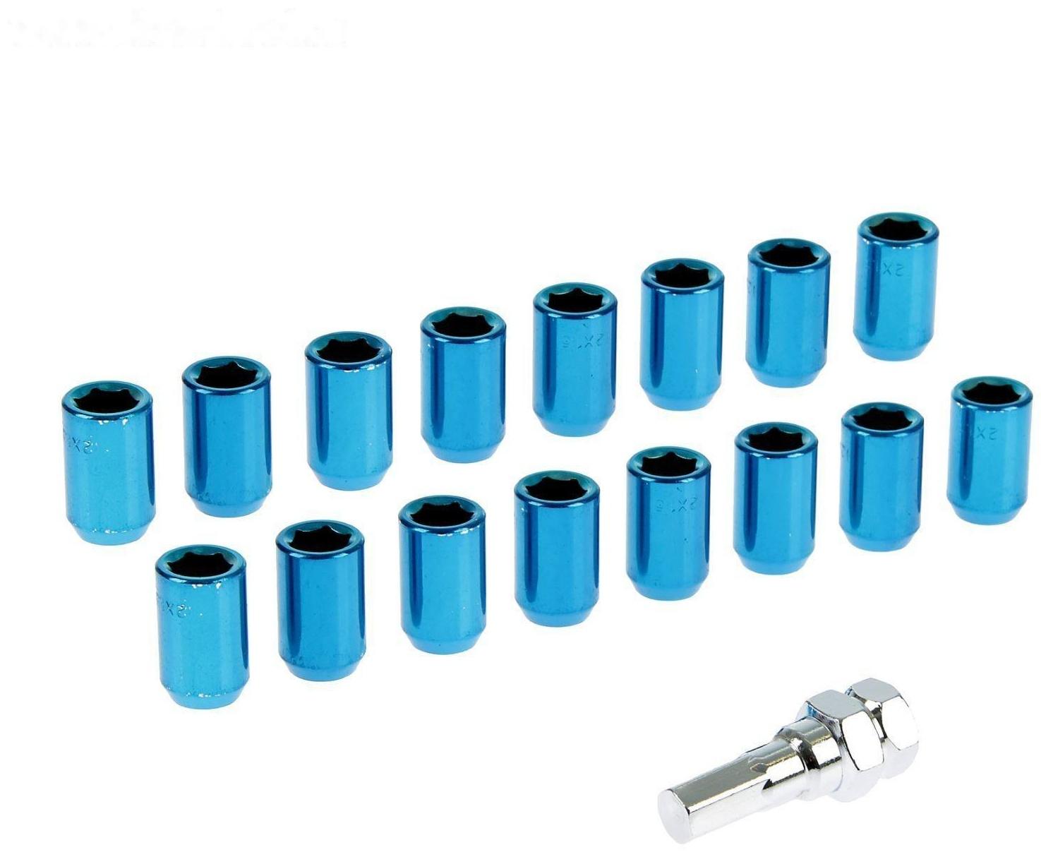 Гайка колёсная JN-302, 12 х 1,5 мм, 32 мм, конус, набор 20 шт + ключ, синие