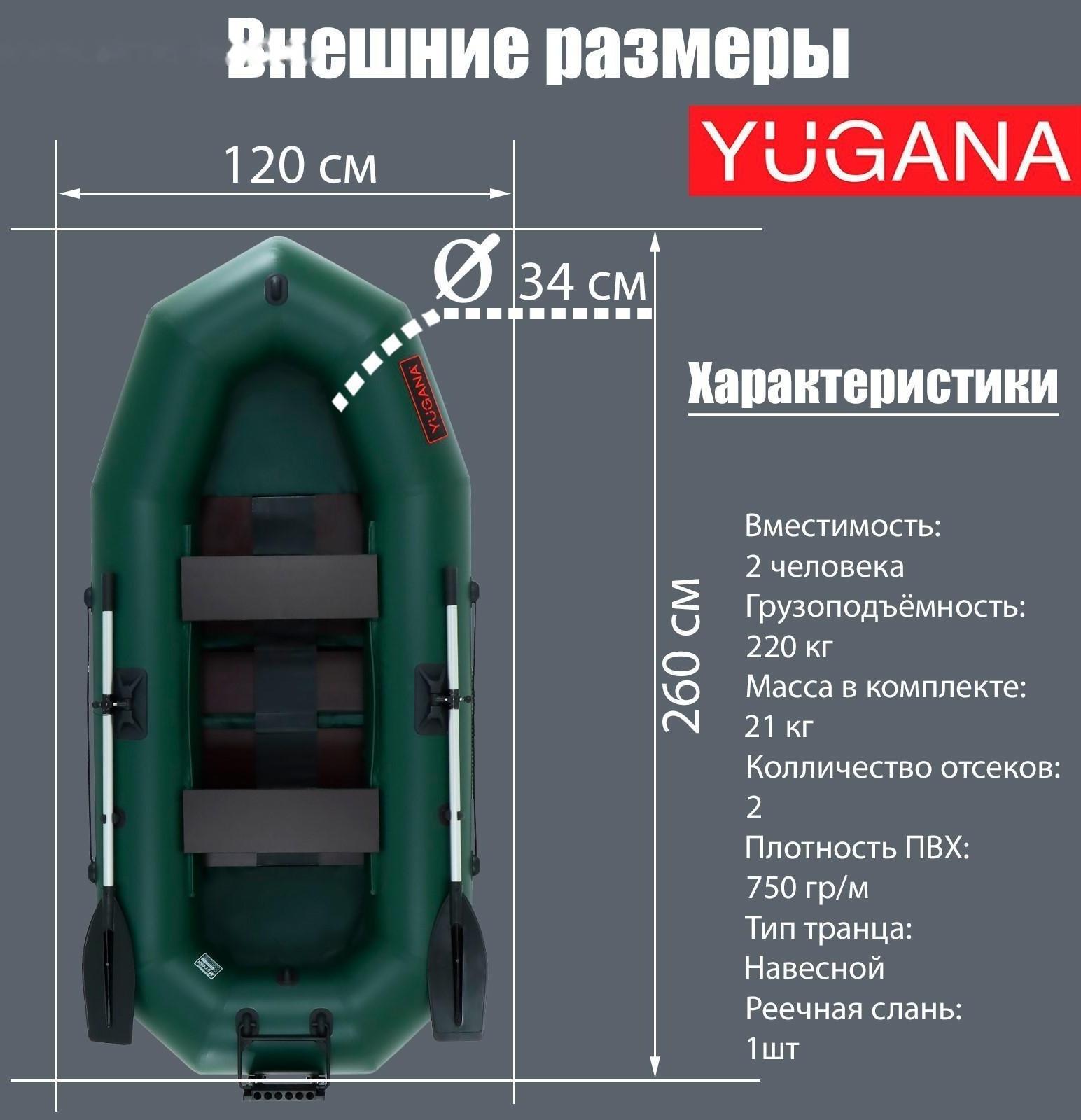 Лодка YUGANA R-260 PC ТР, реечная слань+транец, цвет олива