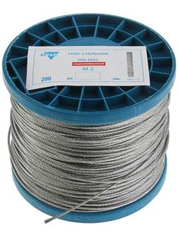 Трос для растяжки, DIN 3055, без оплетки, d=2 мм, оцинкованный, в катушке 200 м