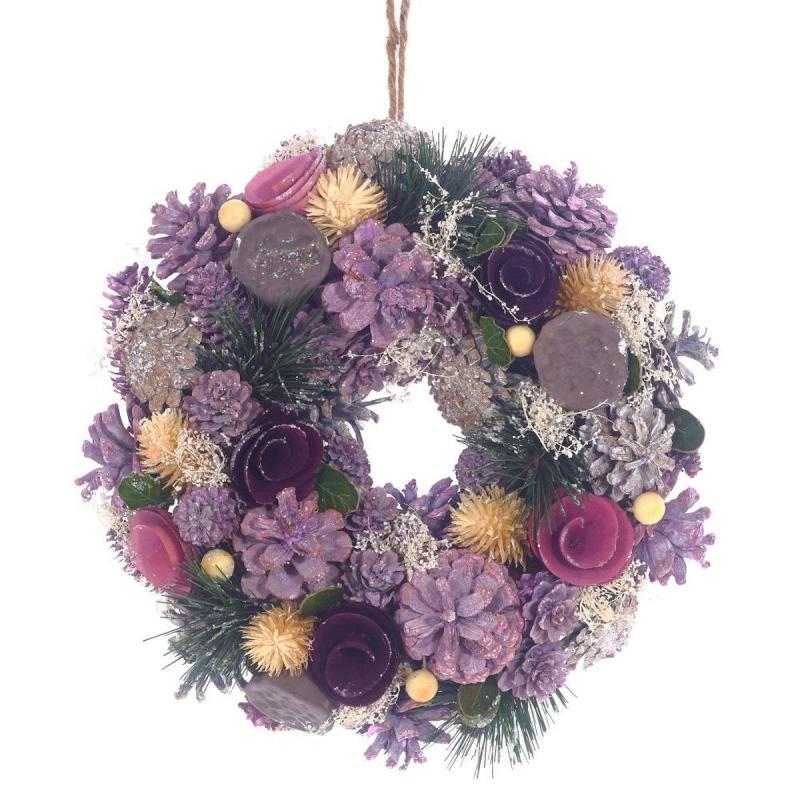 Венок декоративный, хвойный, с декором, фиолетовый, L26 W8 H26 см 746733