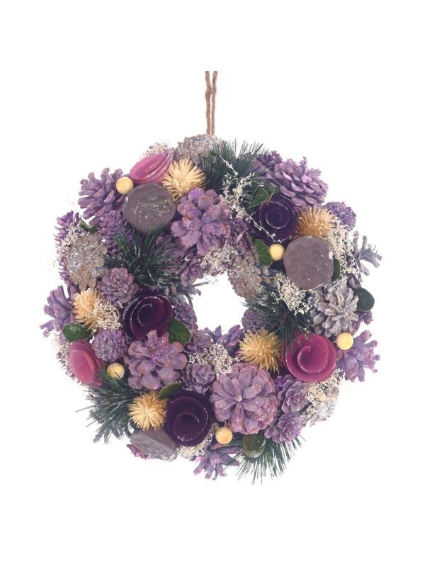 Венок декоративный, хвойный, с декором, фиолетовый, L26 W8 H26 см 746733