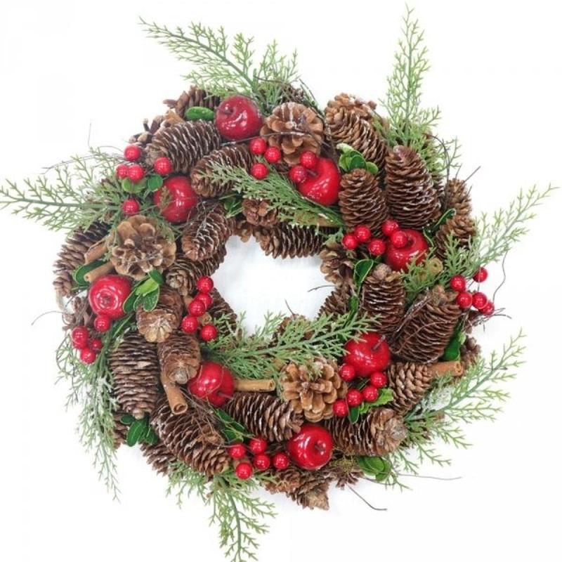 Венок декоративный, хвойный, с декором, красный, L35 W9 H35см 719085