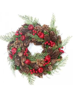 Венок декоративный, хвойный, с декором, красный, L35 W9 H35см 719085