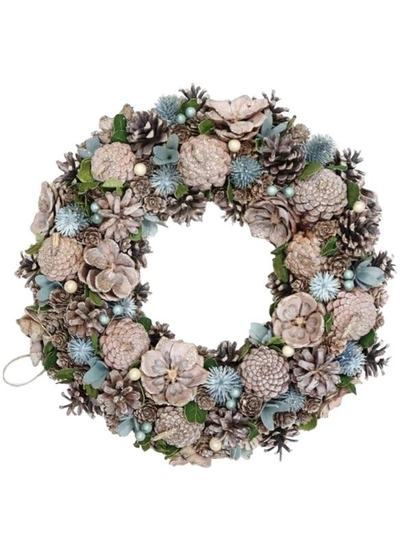 Венок декоративный, хвойный, с декором, беж/голубой, L40 W10 H40 см 719097
