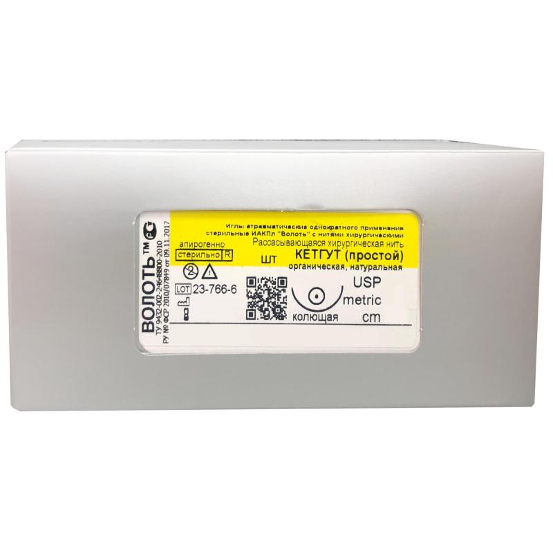 Шовный материал  Кетгут, 0, 75см, кол. 40 мм,  1/2, 25шт/уп
