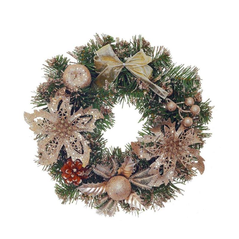 Венок декоративный, хвойный, с декором, золото, L30 W8 H30 см 718247