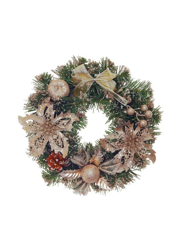 Венок декоративный, хвойный, с декором, золото, L30 W8 H30 см 718247