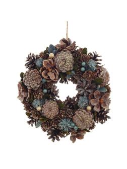 Венок декоративный, хвойный, с декором коричневый/синий L26W8H26 см 719096