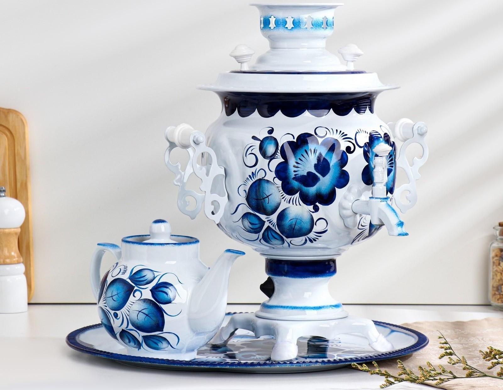 Набор «Гжель», овал, 3 предмета, самовар 3 л, заварочный чайник 0,7 л, поднос