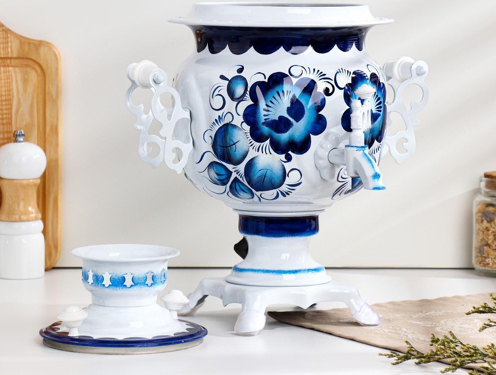 Набор «Гжель», овал, 3 предмета, самовар 3 л, заварочный чайник 0,7 л, поднос