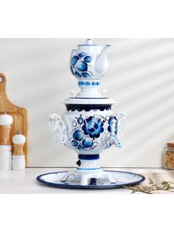 Набор «Гжель», овал, 3 предмета, самовар 3 л, заварочный чайник 0,7 л, поднос